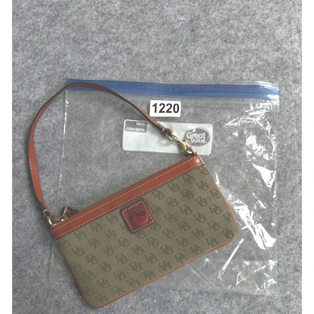 Dooney & Bourke Signature DB Logo Canvas Leather Wrislet Clutch Brown